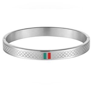 Silver Stainless Steel GP Bangle Bracelet with Red & Green Accents